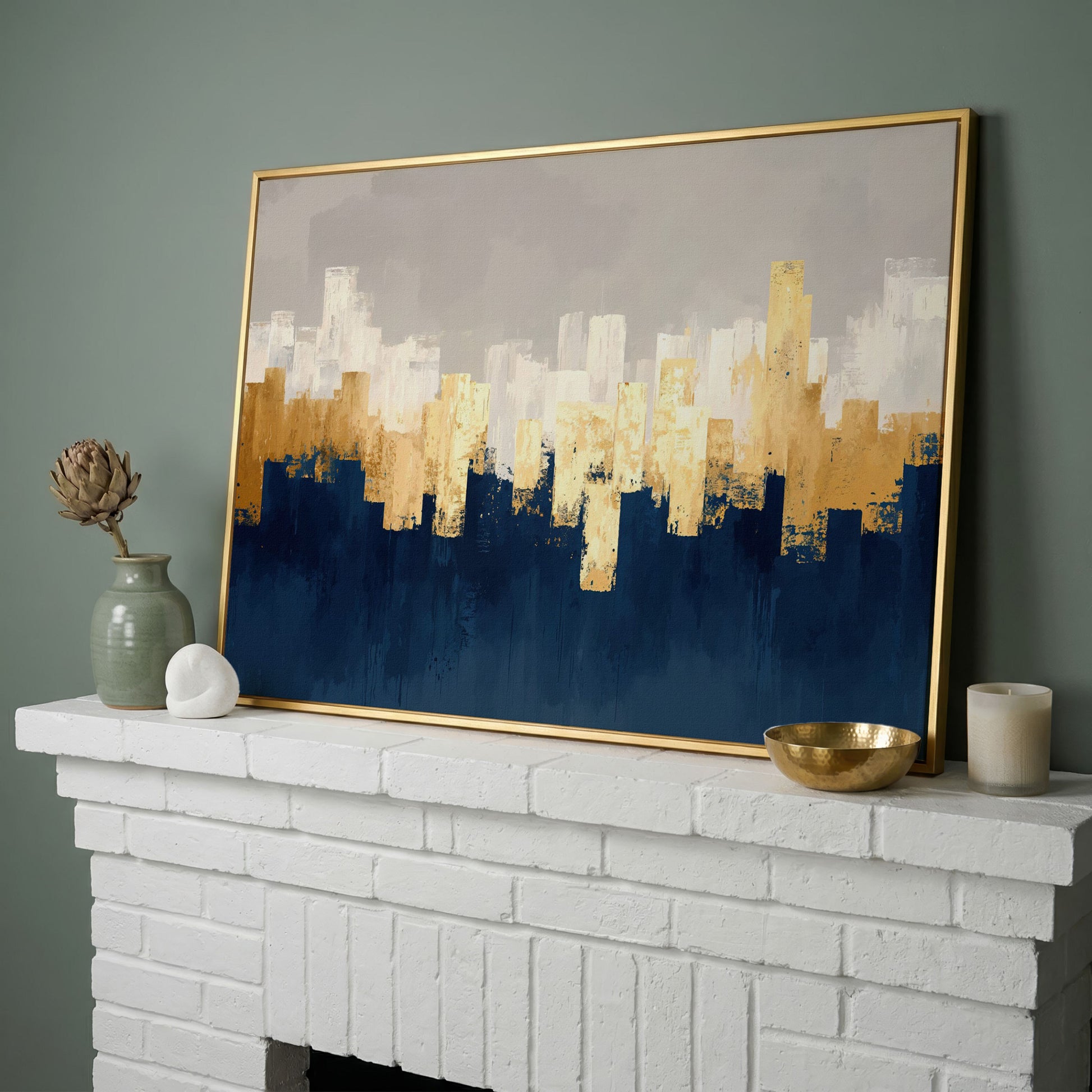 Gold and Navy Abstract Canvas in yellow gold floating frame