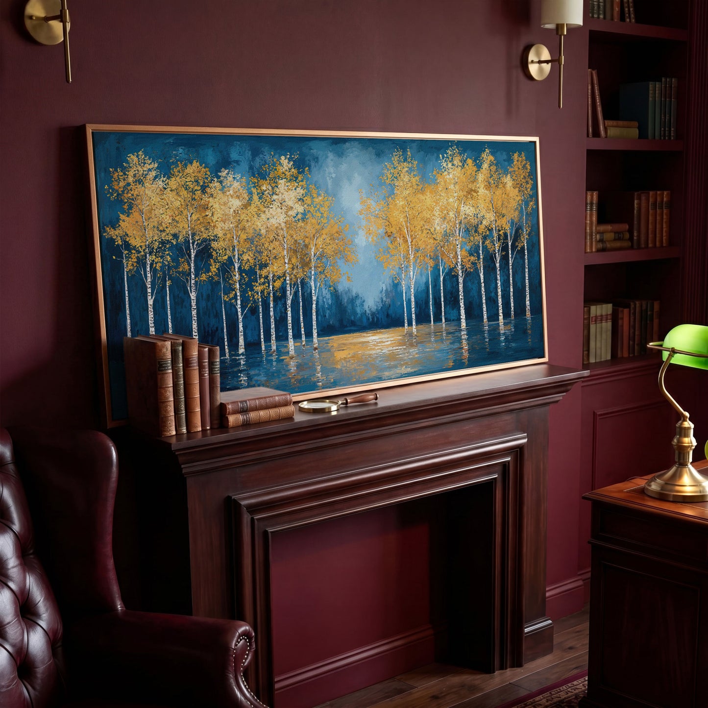 Golden Birch Trees Autumn Forest Canvas in antique gold floating frame