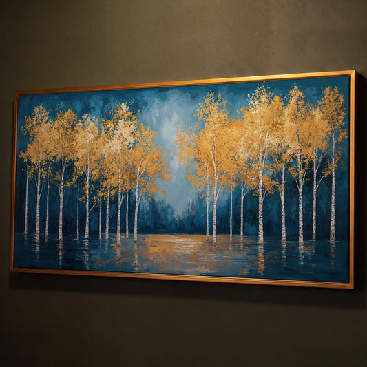 Golden Birch Trees Autumn Forest Canvas shown in antique gold floating frame