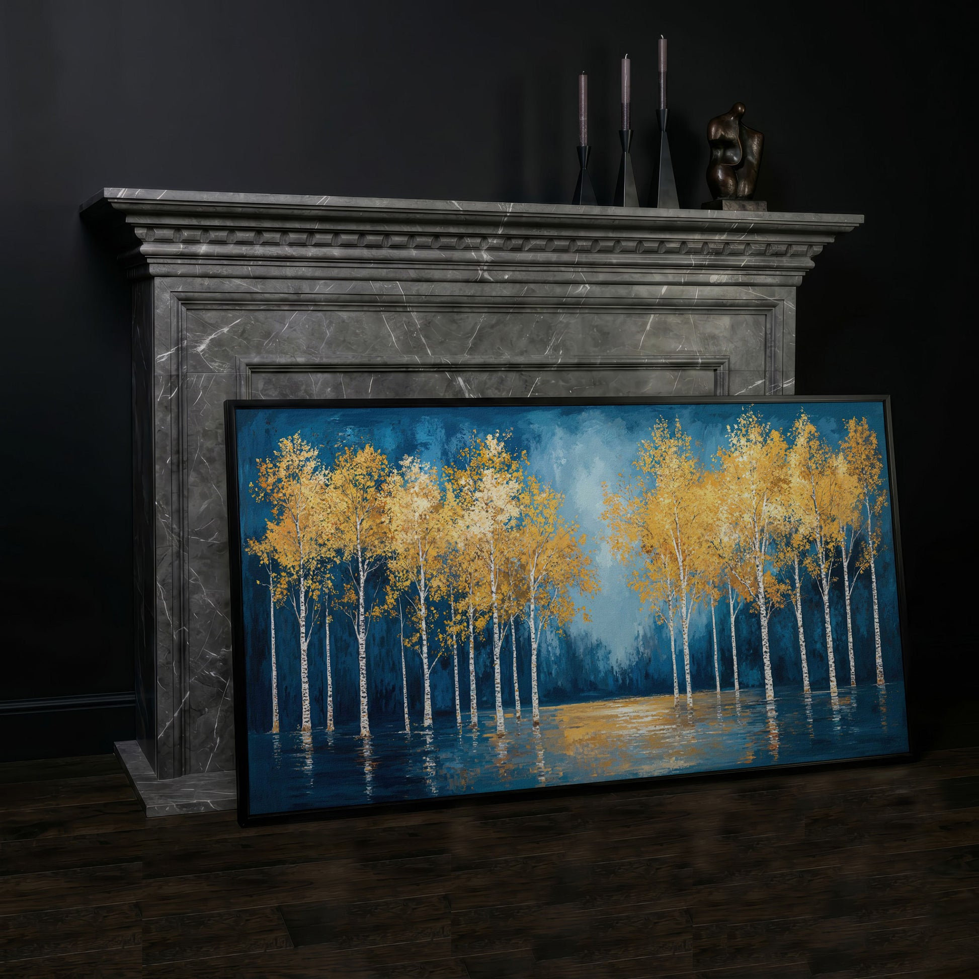Golden Birch Trees Autumn Forest Canvas in black floating frame