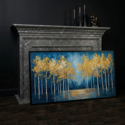Golden Birch Trees Autumn Forest Canvas in black floating frame