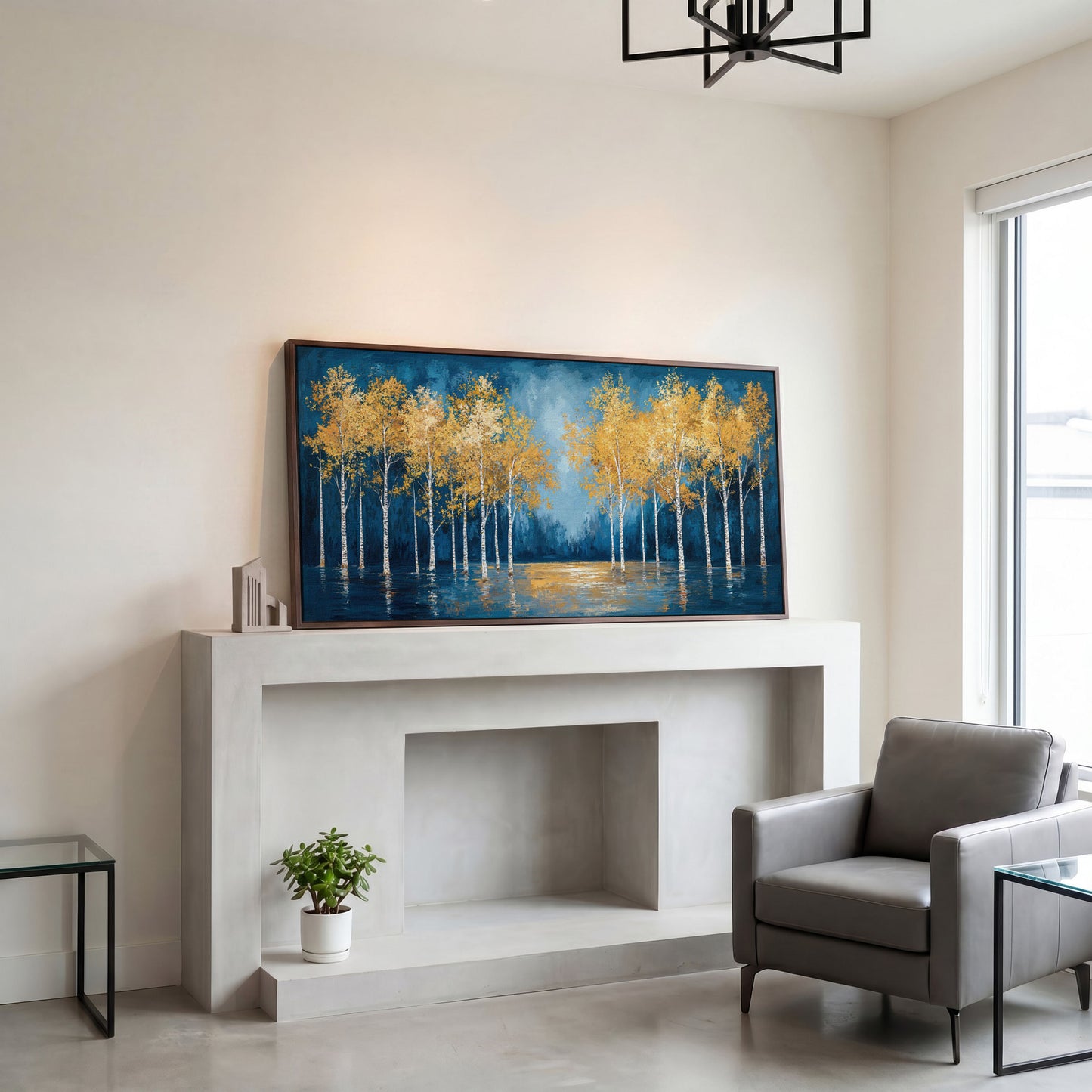 Golden Birch Trees Autumn Forest Canvas in dark walnut floating frame