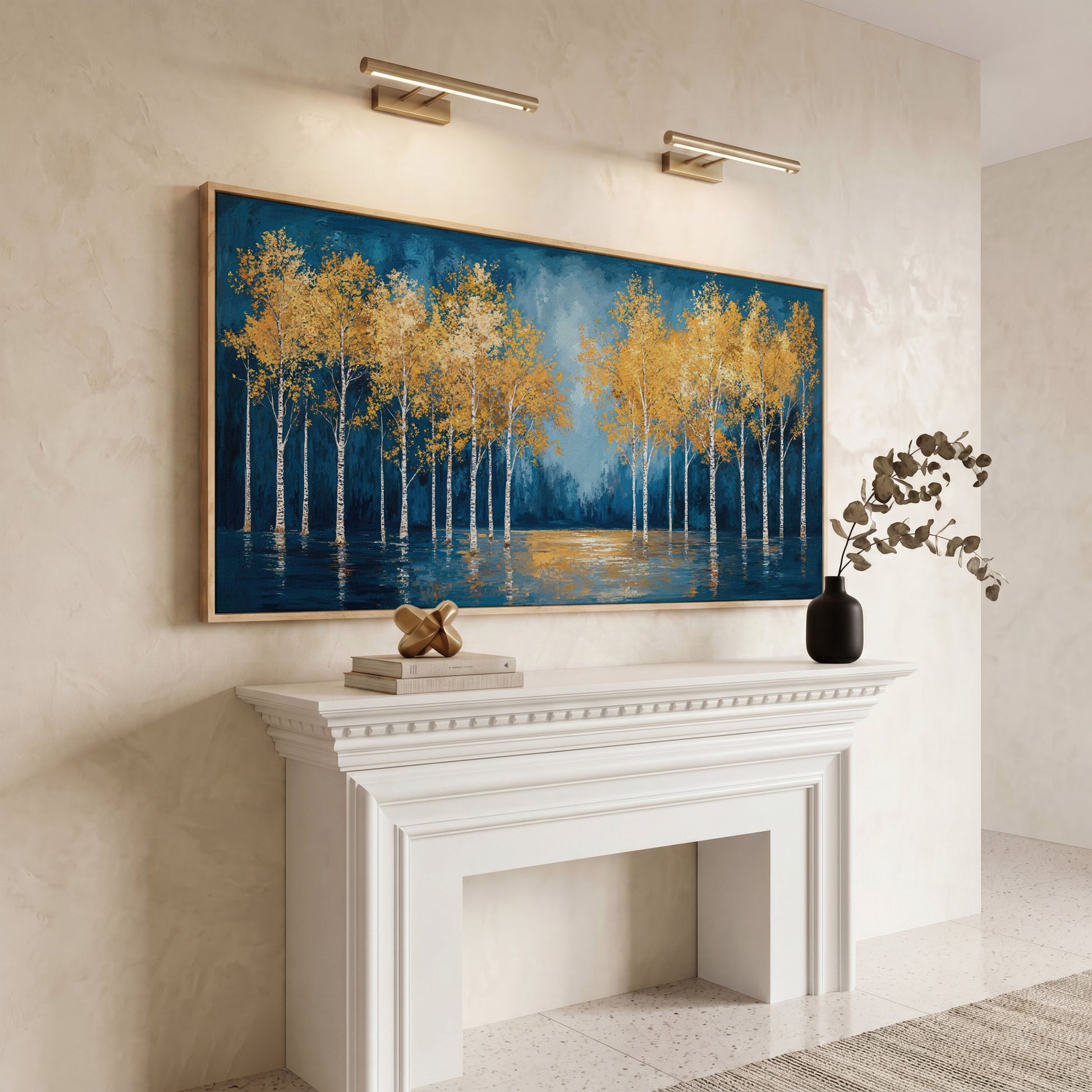 Golden Birch Trees Autumn Forest Canvas in white oak floating frame
