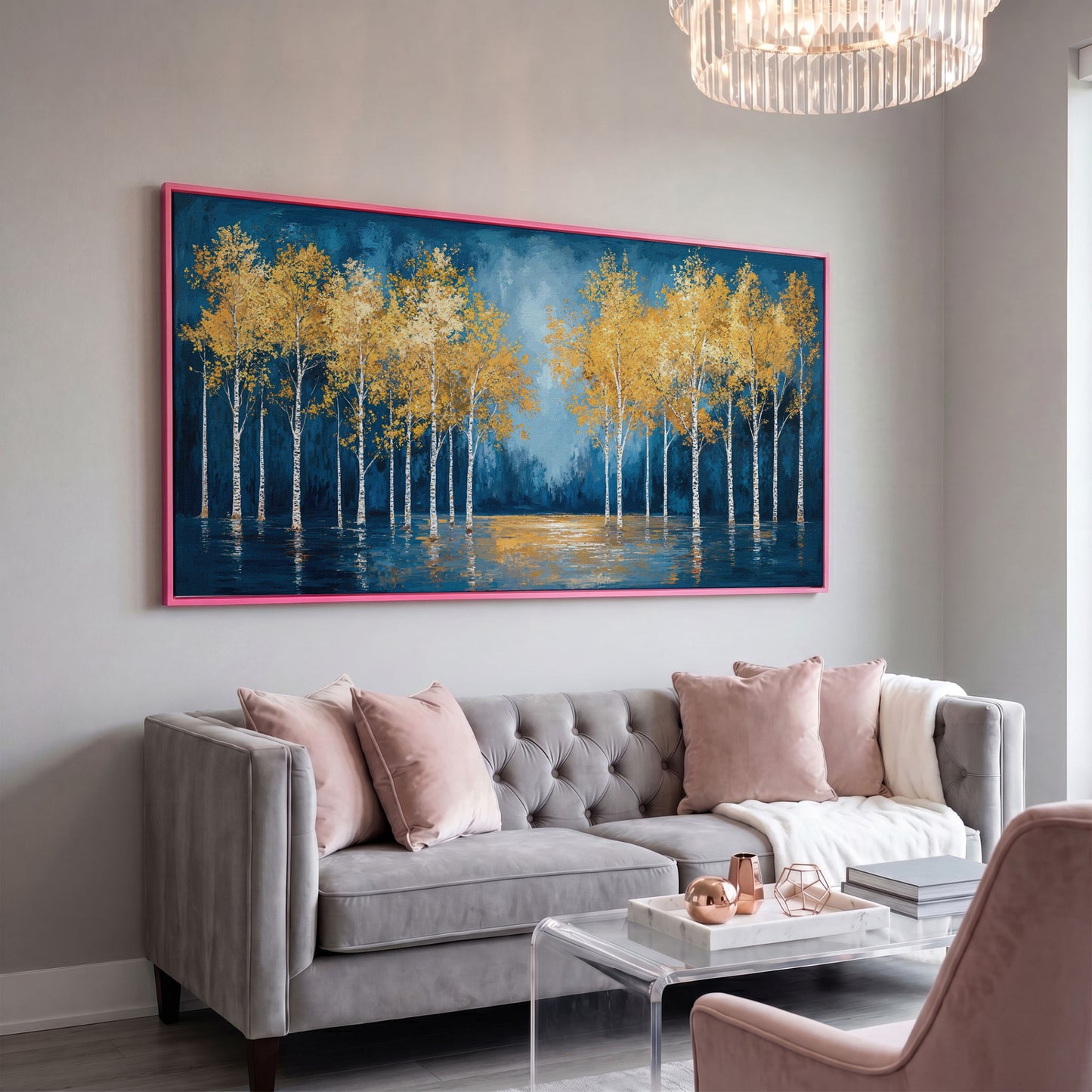 Golden Birch Trees Autumn Forest Canvas in pink floating frame