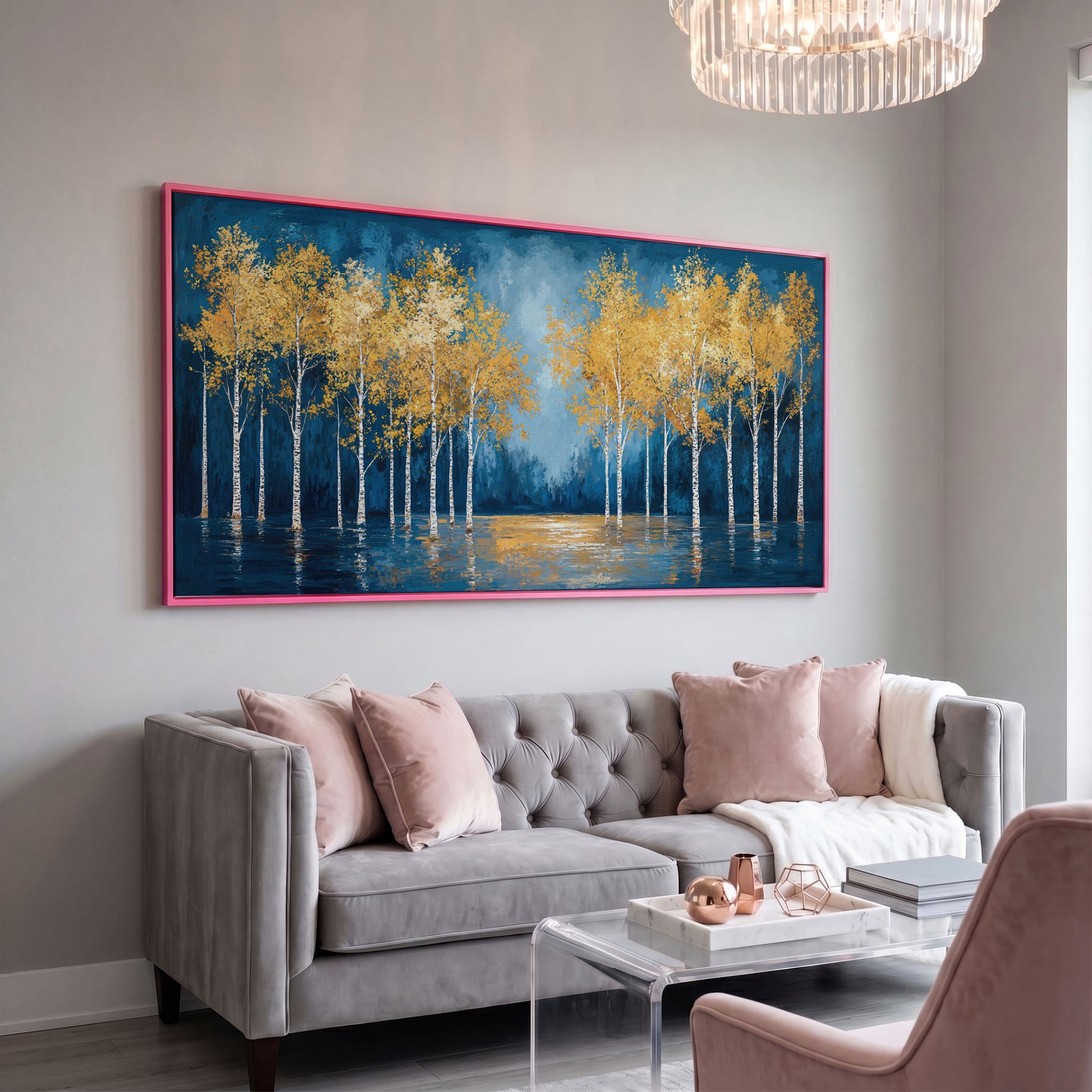 Golden Birch Trees Autumn Forest Canvas in pink floating frame