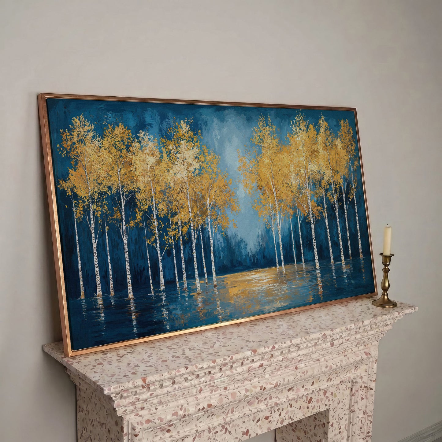Golden Birch Trees Autumn Forest Canvas in rose gold floating frame