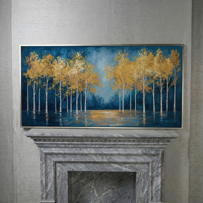 Golden Birch Trees Autumn Forest Canvas in silver floating frame