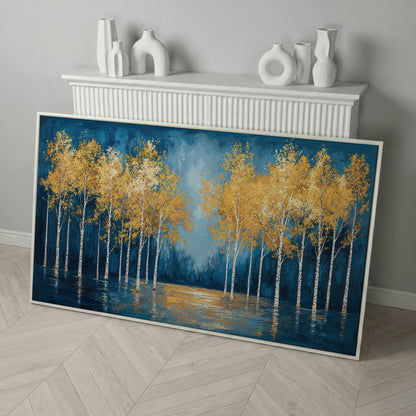 Golden Birch Trees Autumn Forest Canvas in white floating frame