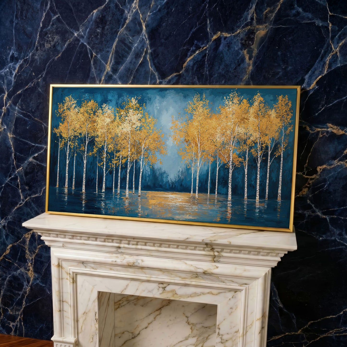 Golden Birch Trees Autumn Forest Canvas in yellow gold floating frame