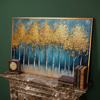 Serene Birch Forest Landscape Canvas in antique gold floating frame