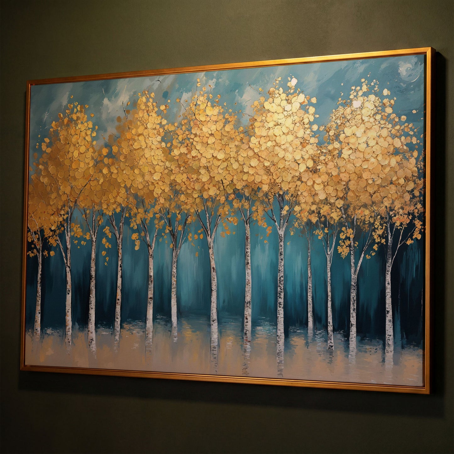 Serene Birch Forest Landscape Canvas shown in antique gold floating frame