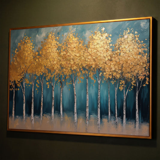 Serene Birch Forest Landscape Canvas shown in antique gold floating frame