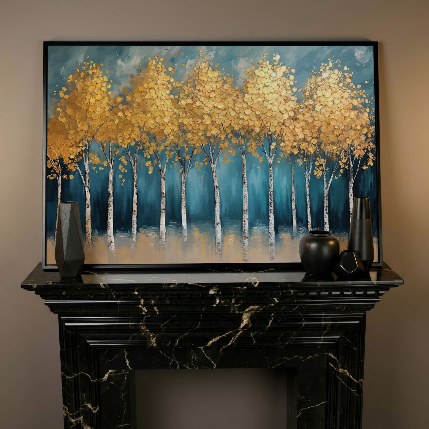 Serene Birch Forest Landscape Canvas in black floating frame