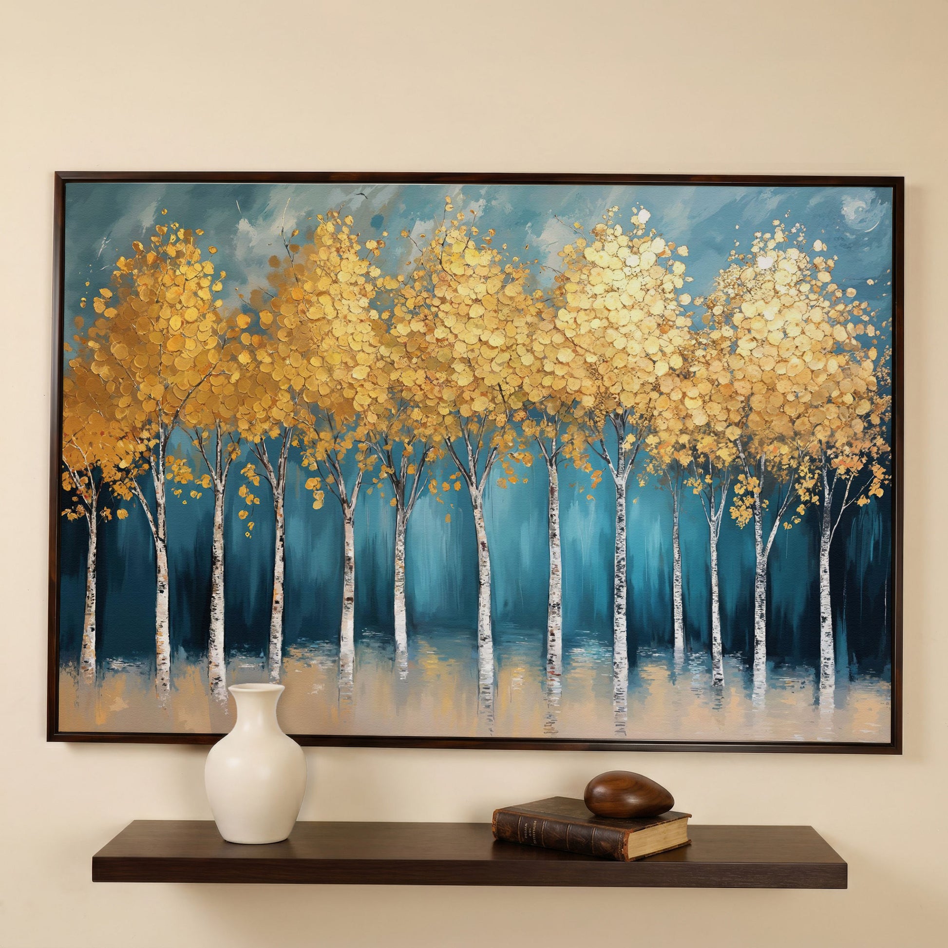 Serene Birch Forest Landscape Canvas in dark walnut floating frame