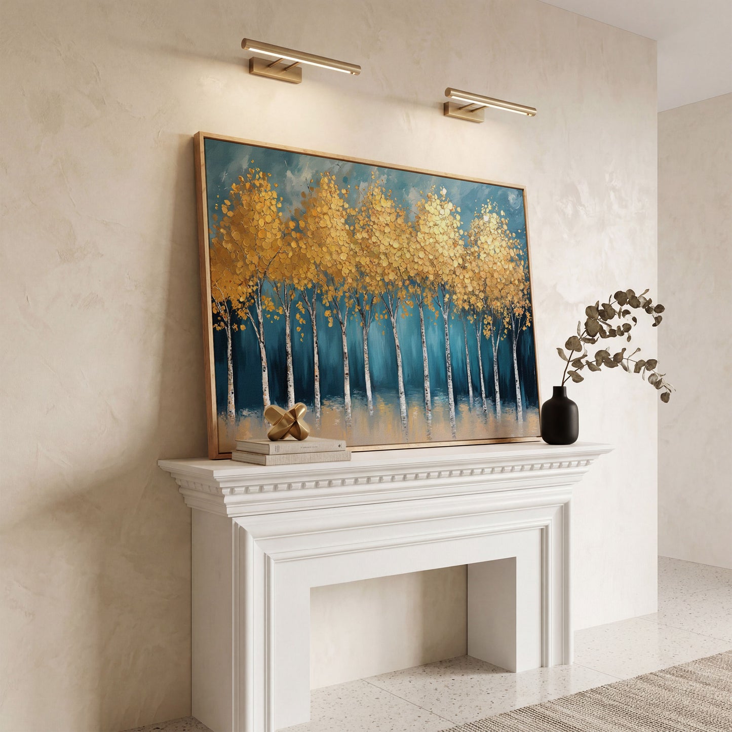 Serene Birch Forest Landscape Canvas in white oak floating frame