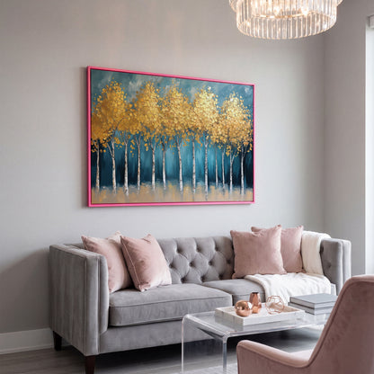 Serene Birch Forest Landscape Canvas in pink floating frame