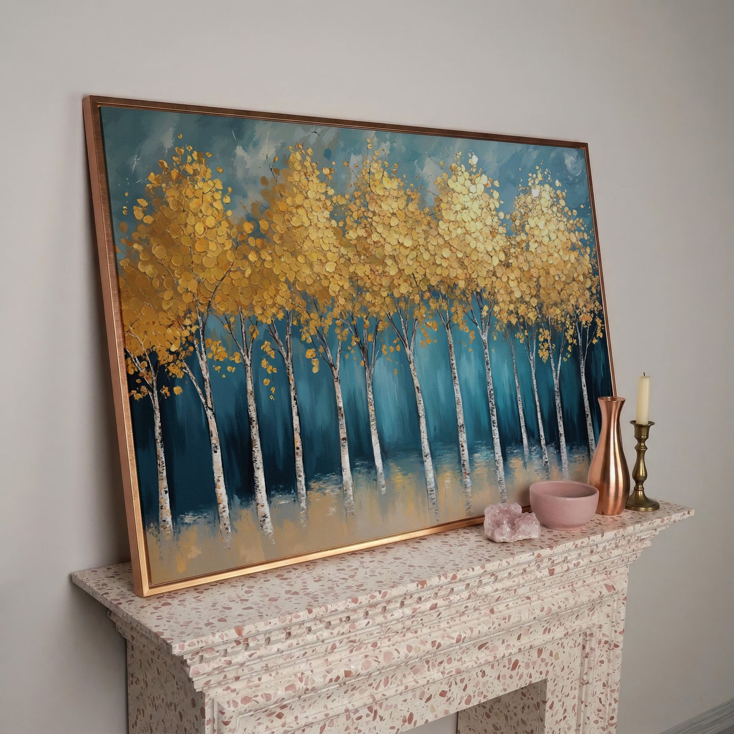 Serene Birch Forest Landscape Canvas in rose gold floating frame
