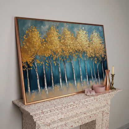 Serene Birch Forest Landscape Canvas in rose gold floating frame