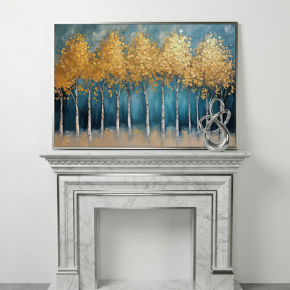 Serene Birch Forest Landscape Canvas in silver floating frame