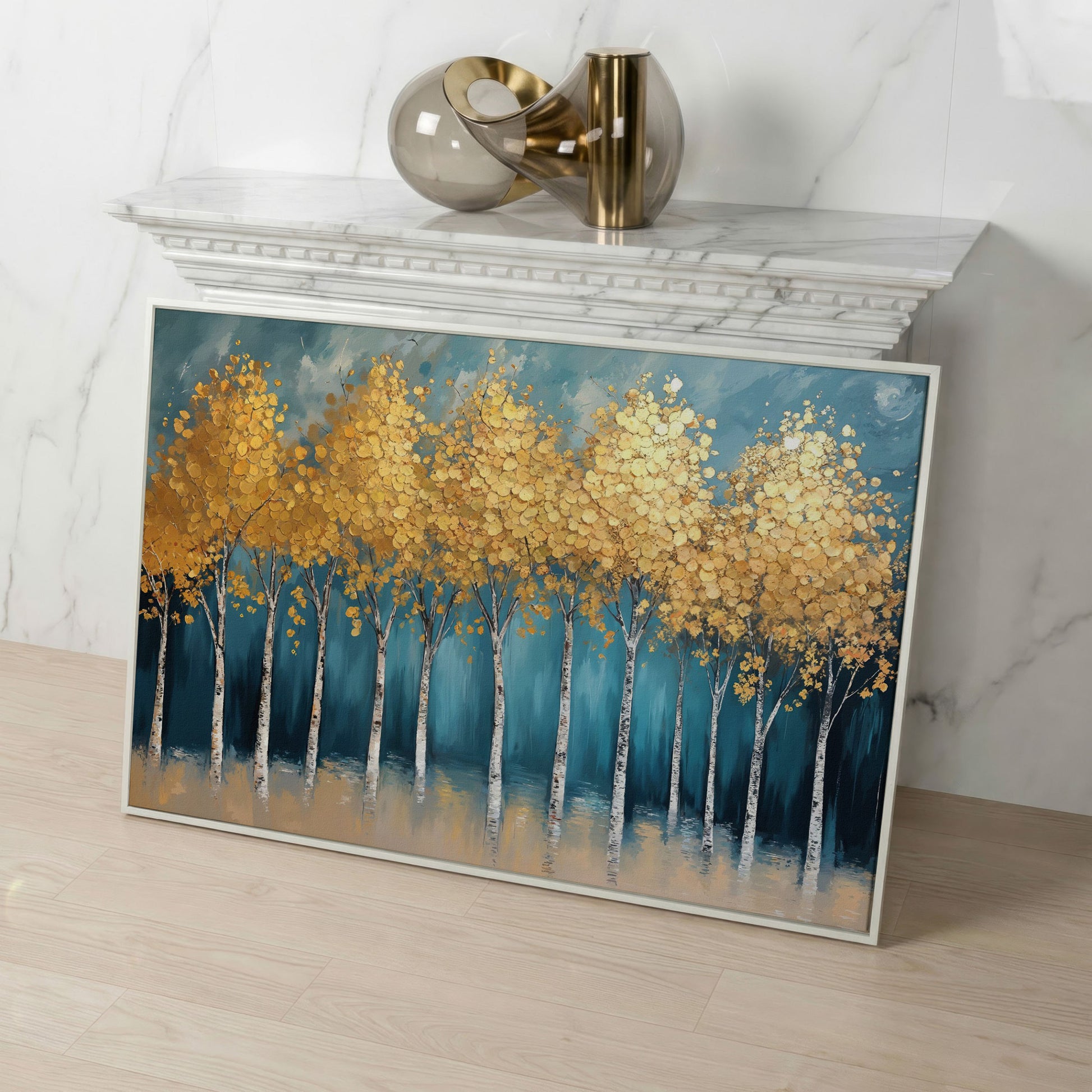 Serene Birch Forest Landscape Canvas in white floating frame