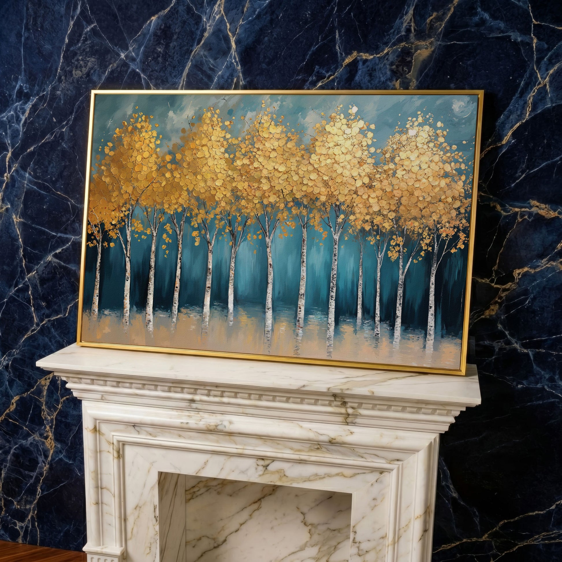 Serene Birch Forest Landscape Canvas in yellow gold floating frame