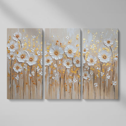 White Flowers and Gold Leaves Canvas Print as 3-panel split version