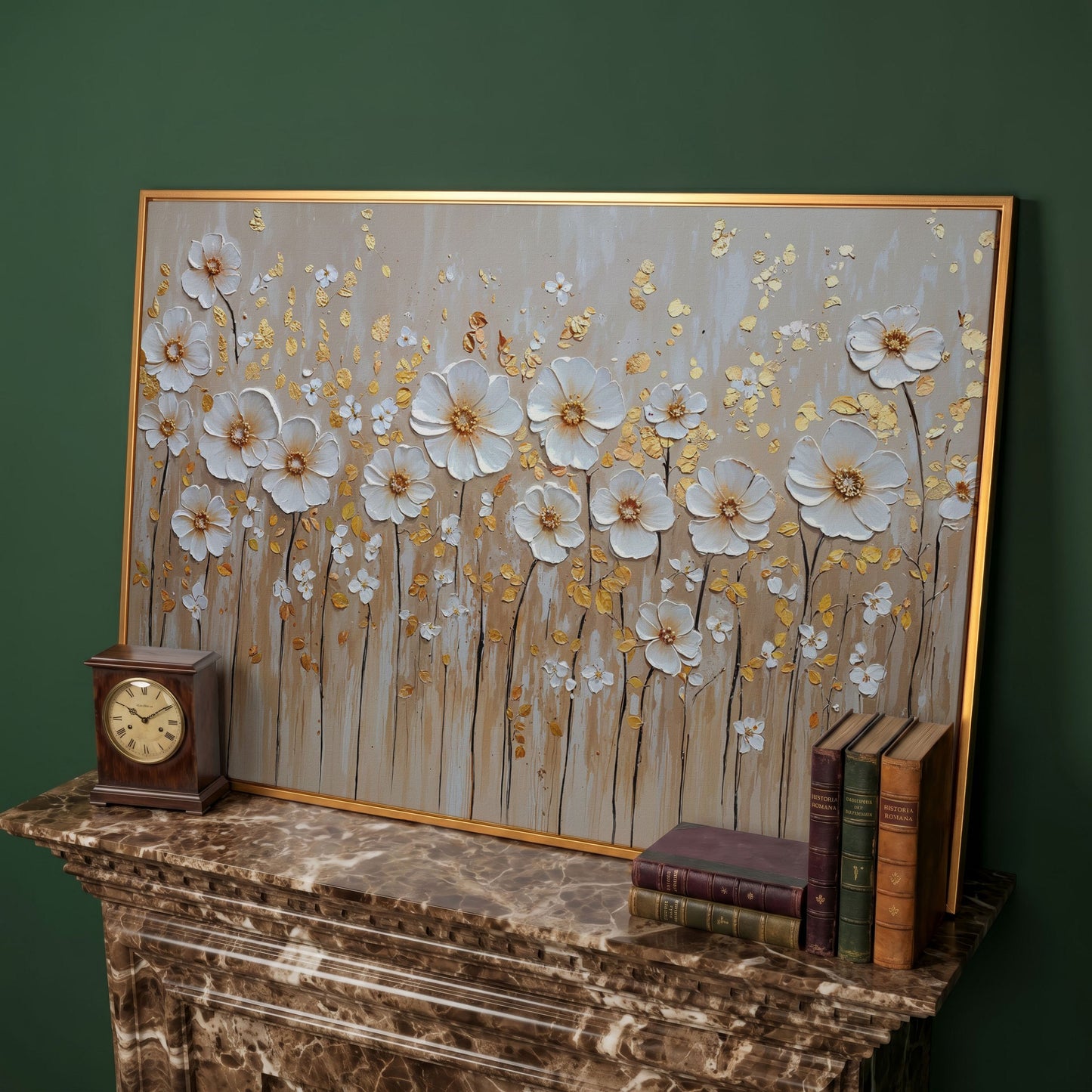 White Flowers and Gold Leaves Canvas Print in antique gold floating frame