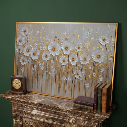 White Flowers and Gold Leaves Canvas Print in antique gold floating frame
