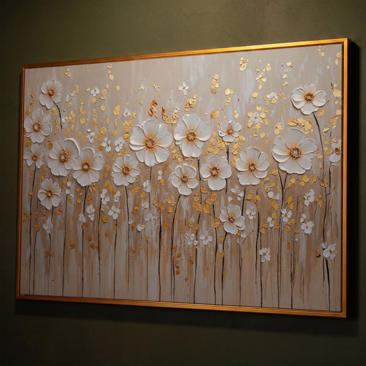White Flowers and Gold Leaves Canvas Print shown in antique gold floating frame