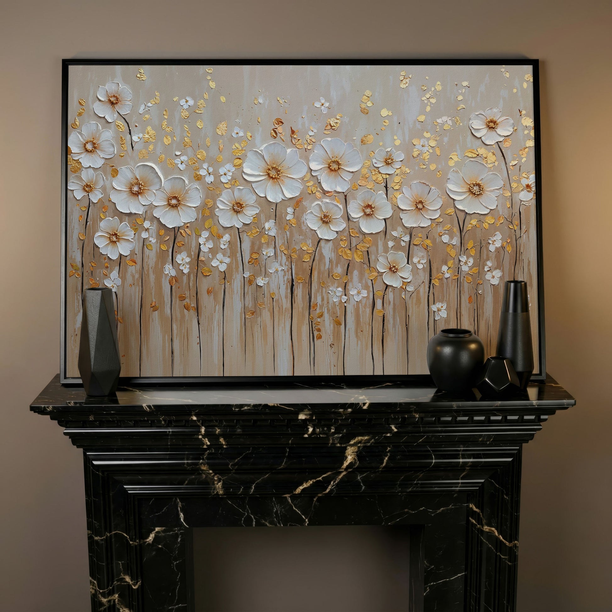 White Flowers and Gold Leaves Canvas Print in black floating frame