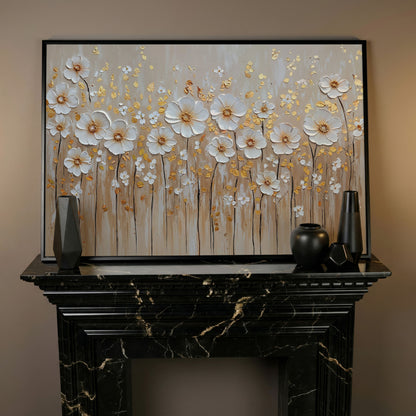 White Flowers and Gold Leaves Canvas Print in black floating frame