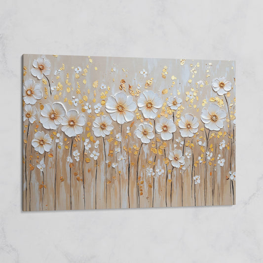 White Flowers and Gold Leaves Canvas Print on gallery wrap