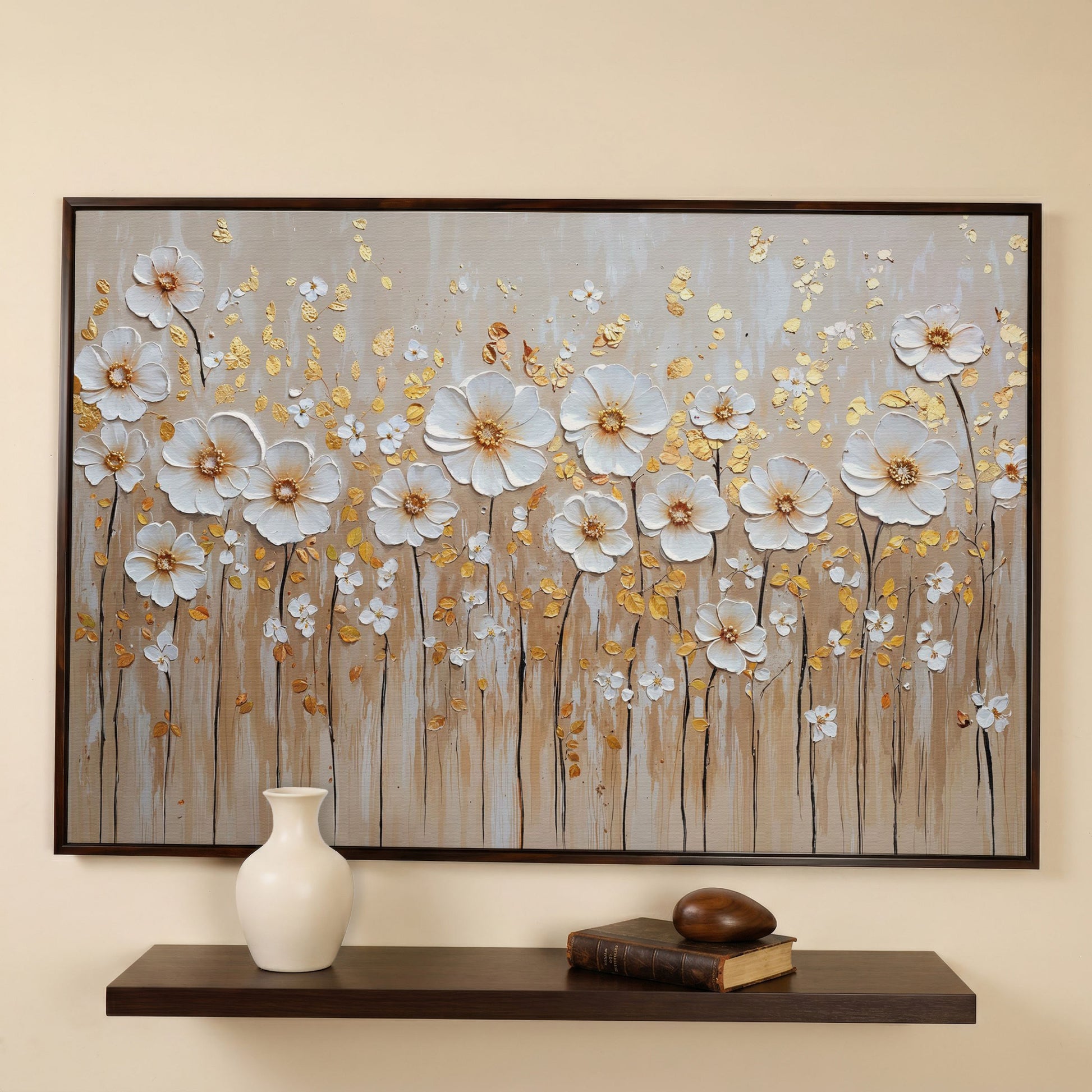 White Flowers and Gold Leaves Canvas Print in dark walnut floating frame