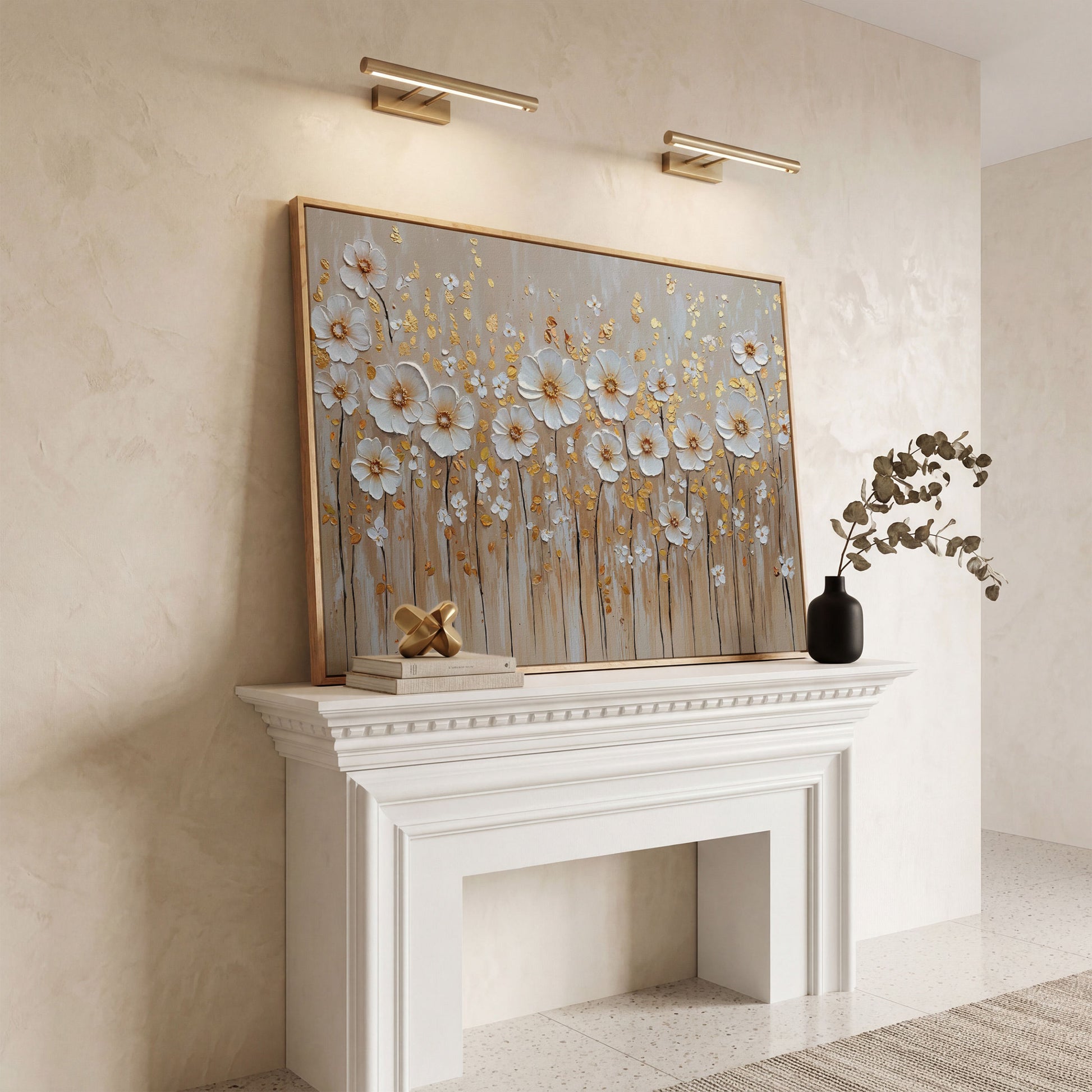White Flowers and Gold Leaves Canvas Print in white oak floating frame