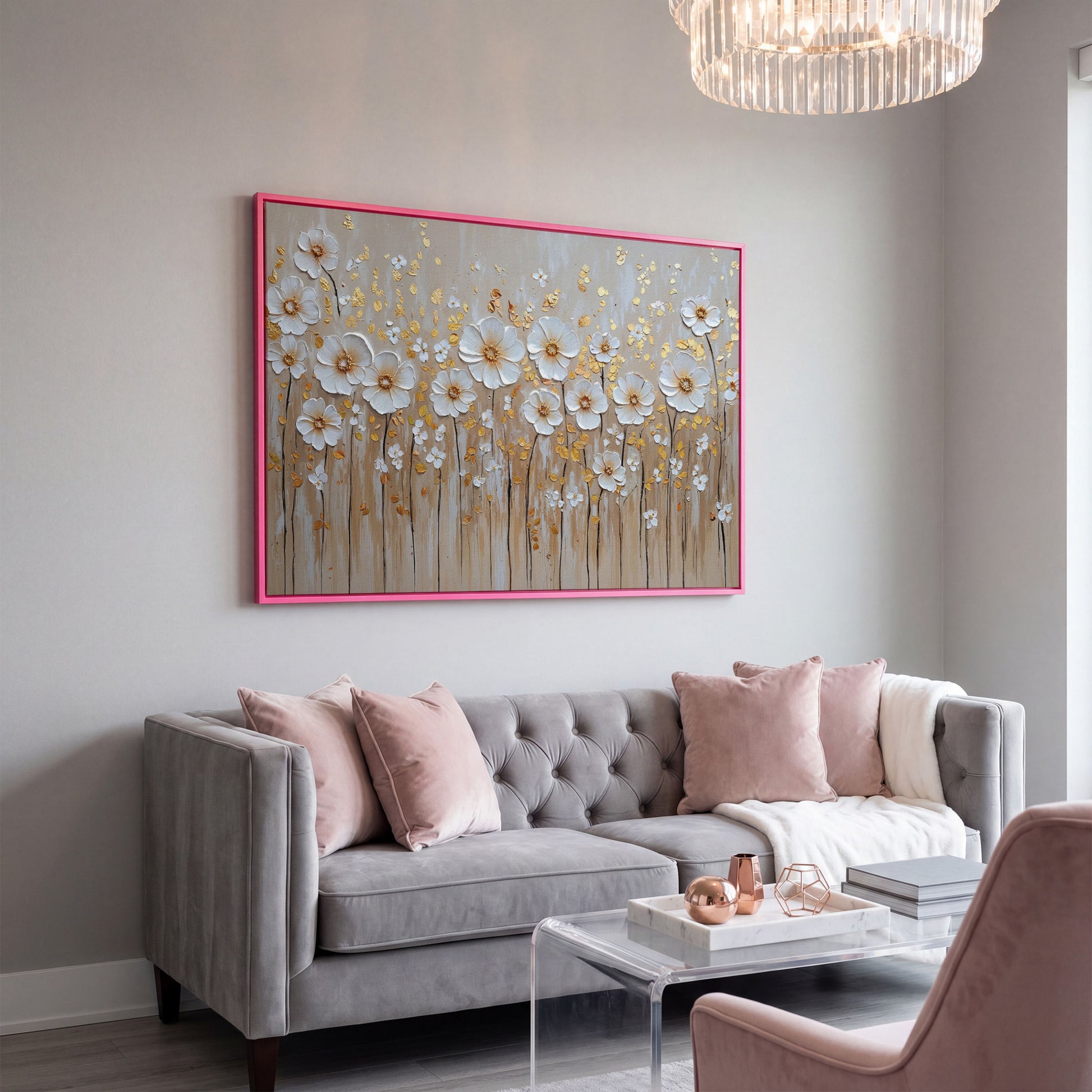 White Flowers and Gold Leaves Canvas Print in pink floating frame