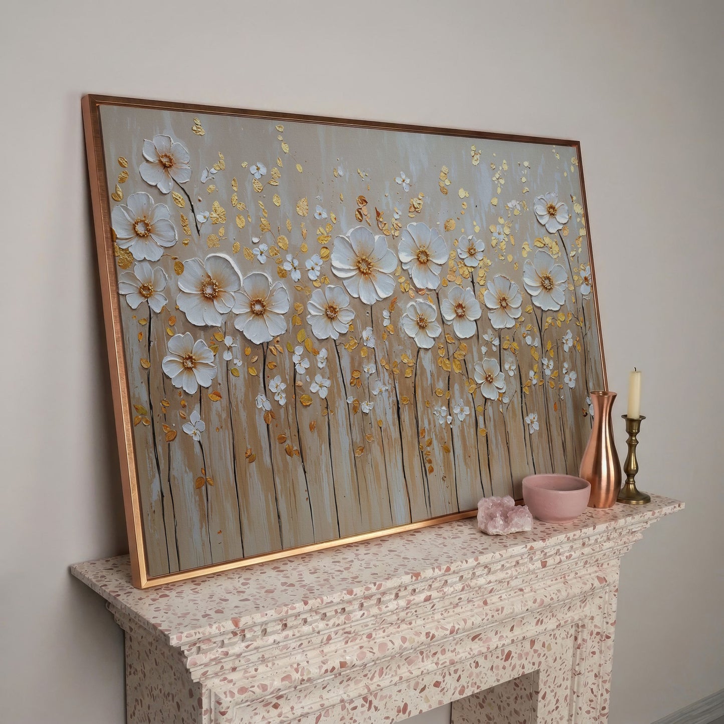 White Flowers and Gold Leaves Canvas Print in rose gold floating frame