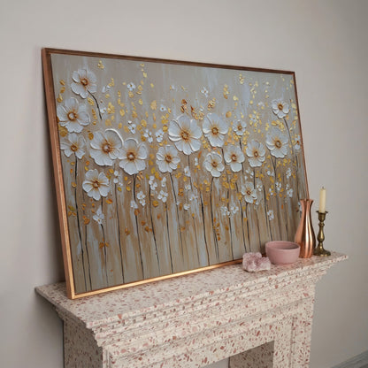 White Flowers and Gold Leaves Canvas Print in rose gold floating frame