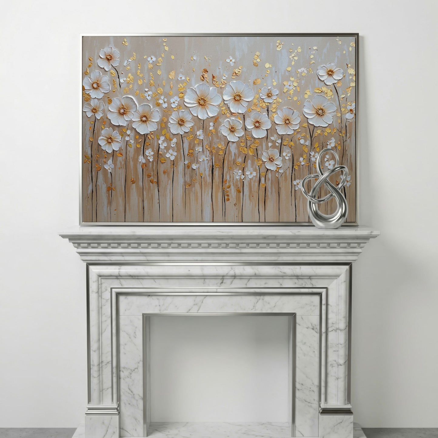 White Flowers and Gold Leaves Canvas Print in silver floating frame
