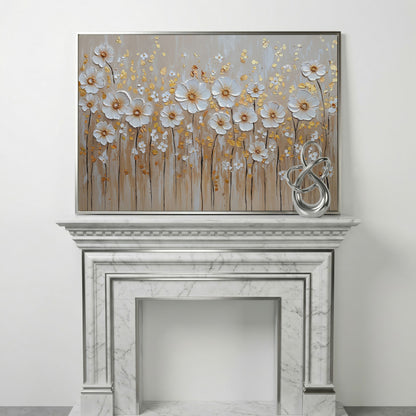 White Flowers and Gold Leaves Canvas Print in silver floating frame