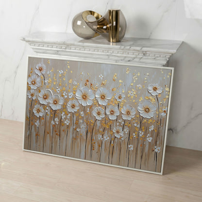 White Flowers and Gold Leaves Canvas Print in white floating frame
