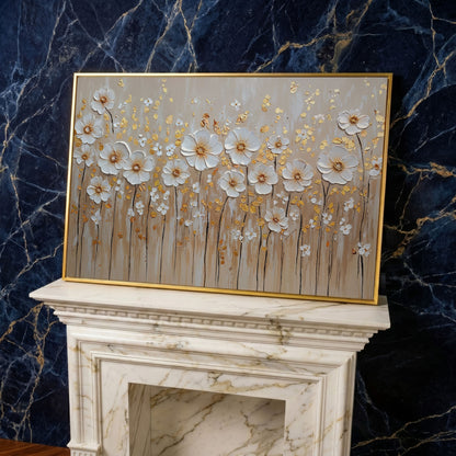 White Flowers and Gold Leaves Canvas Print in yellow gold floating frame