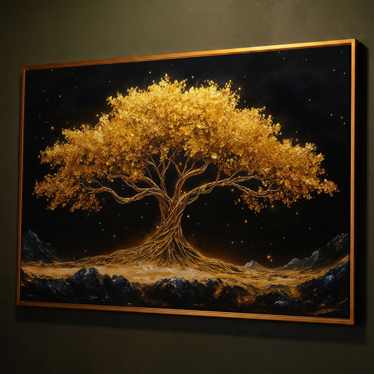 Golden Tree of Life Canvas Print shown in antique gold floating frame