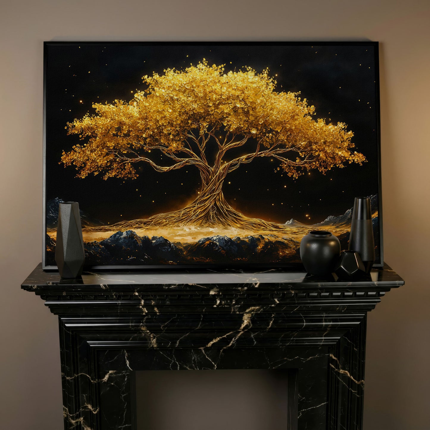 Golden Tree of Life Canvas Print in black floating frame