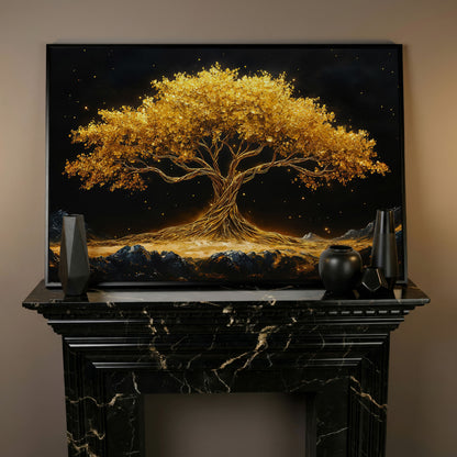 Golden Tree of Life Canvas Print in black floating frame
