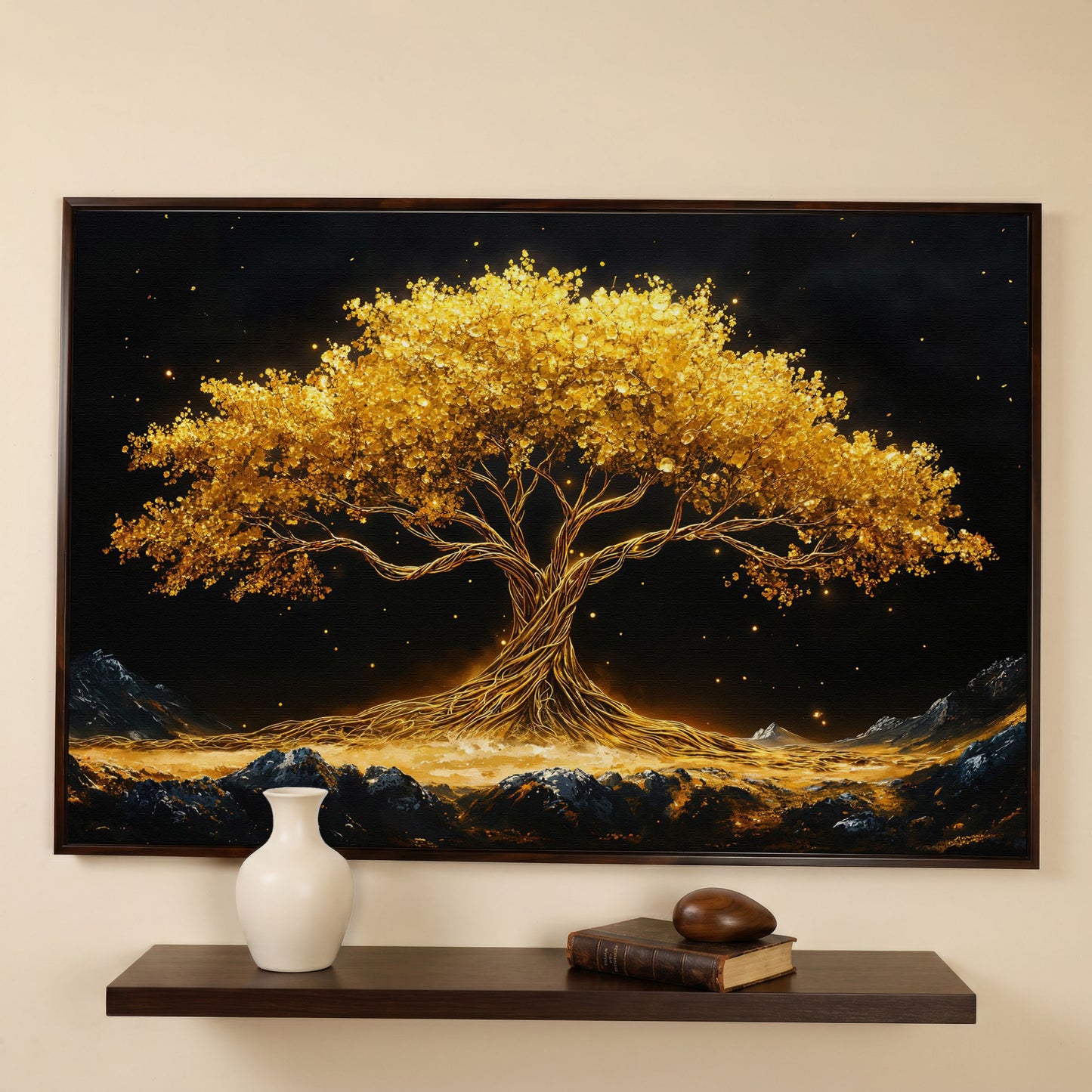 Golden Tree of Life Canvas Print in dark walnut floating frame