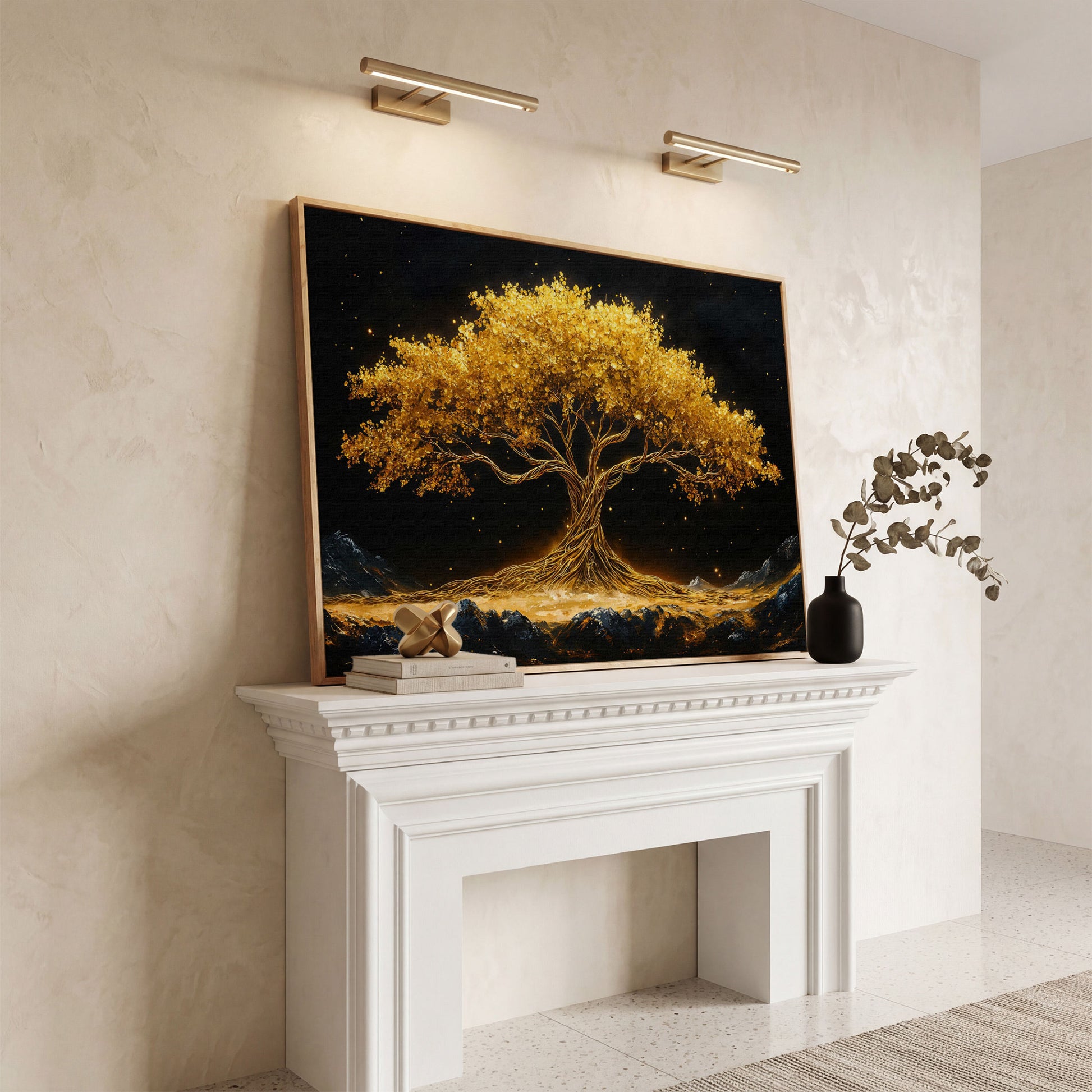 Golden Tree of Life Canvas Print in white oak floating frame