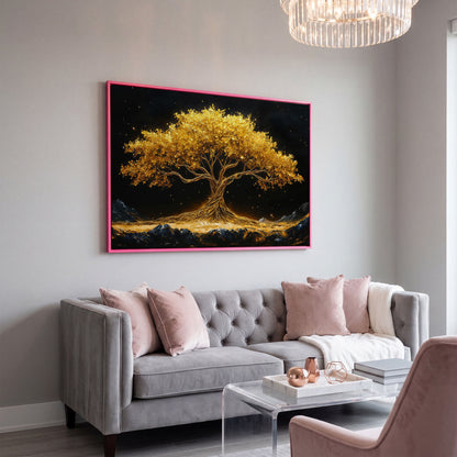 Golden Tree of Life Canvas Print in pink floating frame