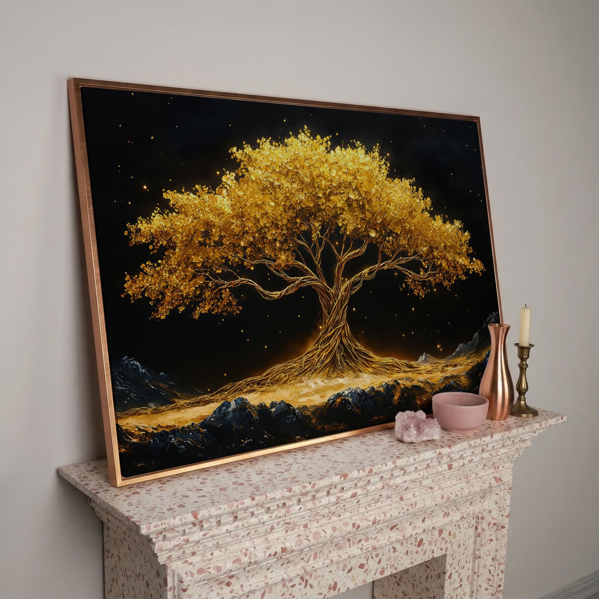 Golden Tree of Life Canvas Print in rose gold floating frame