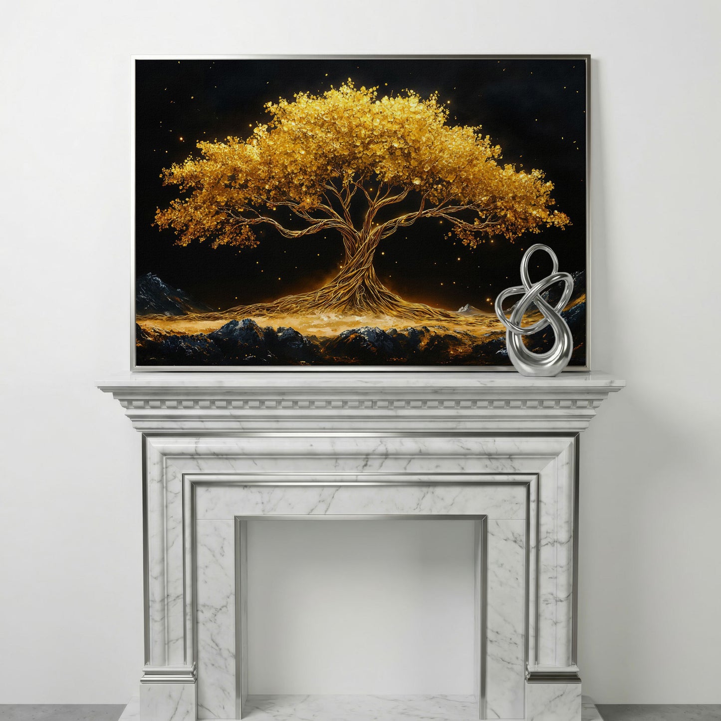 Golden Tree of Life Canvas Print in silver floating frame