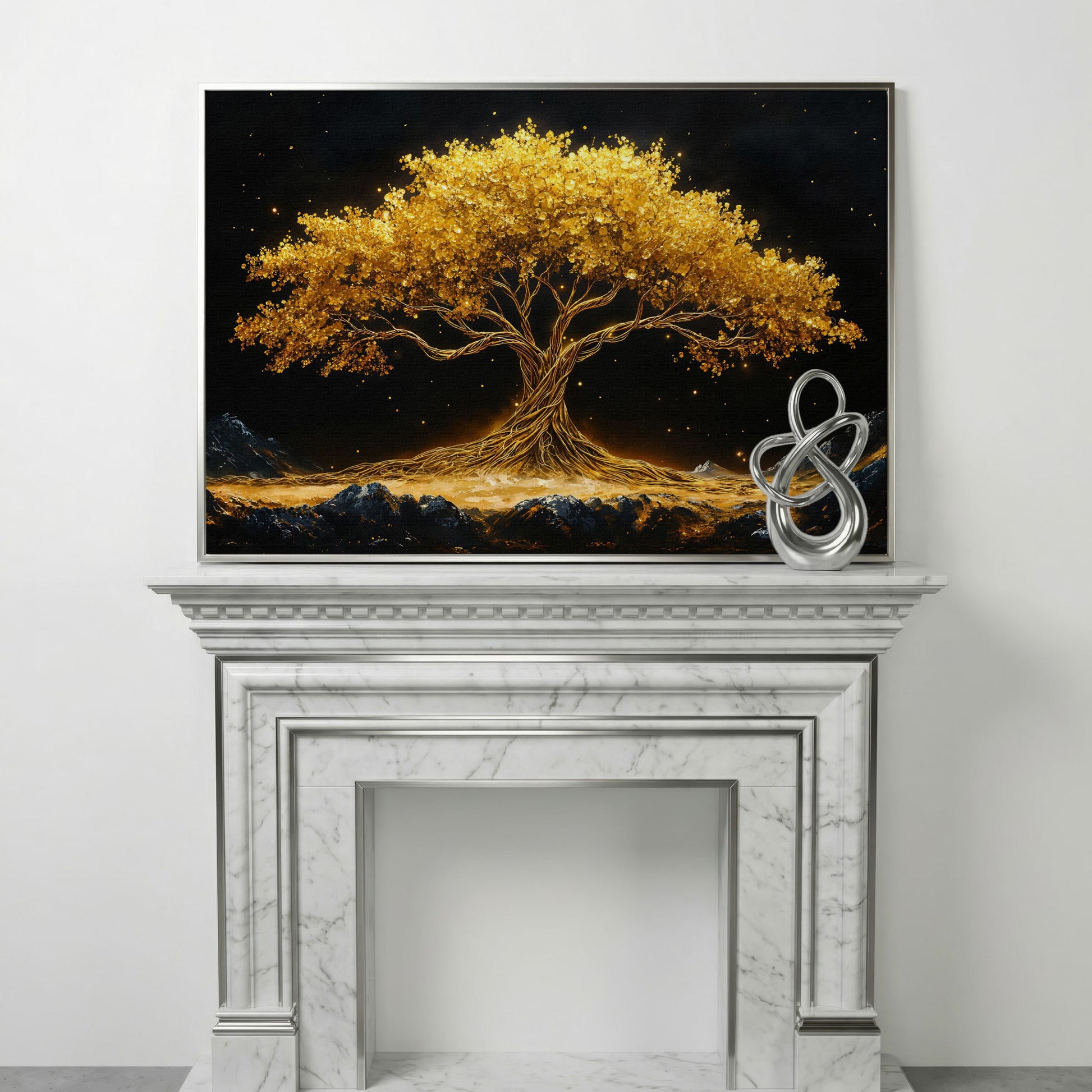 Golden Tree of Life Canvas Print in silver floating frame